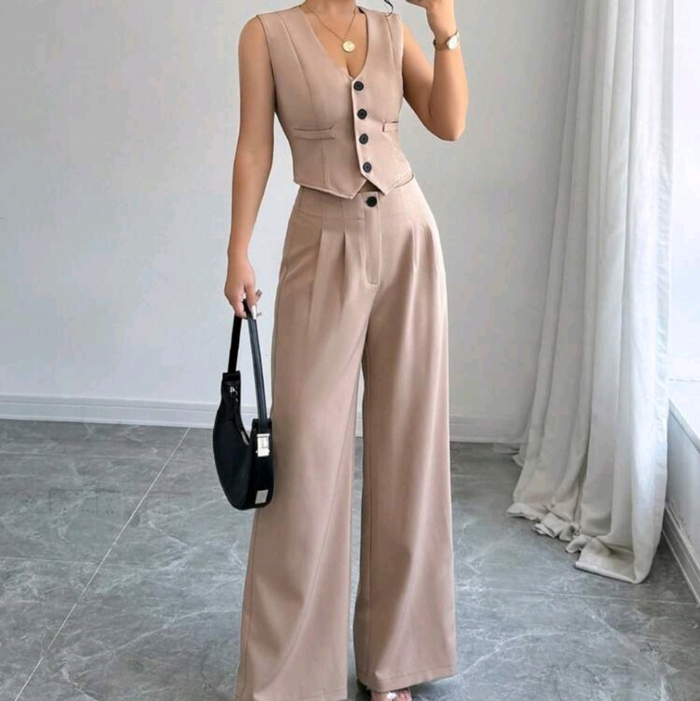 Women's Button-Up Sleeveless Blazer Top And Straight Leg Casual Pants Set - Picture 1 of 6